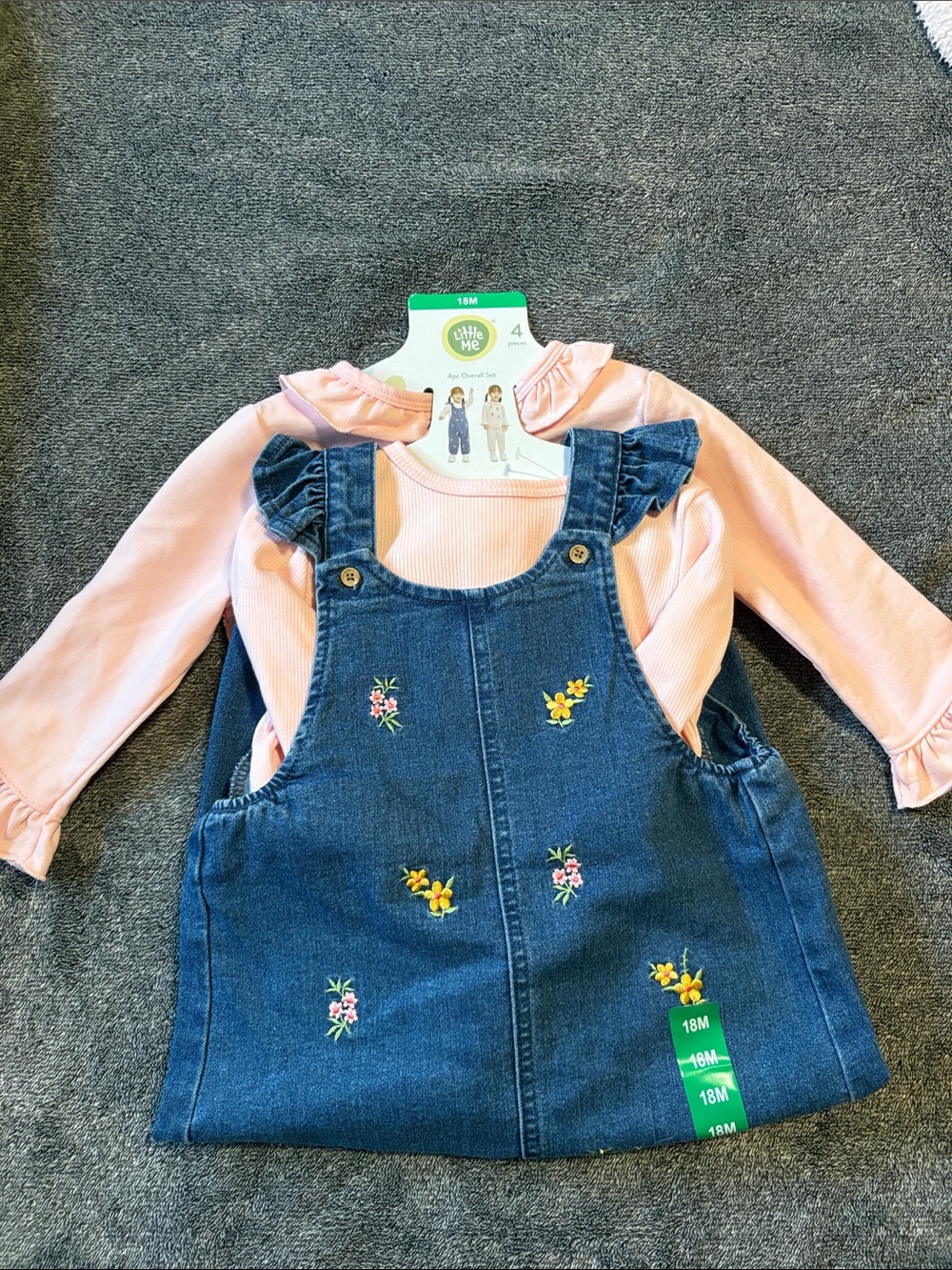 Little Me Pink Top with Blue Denim Embroidered Overall Dress